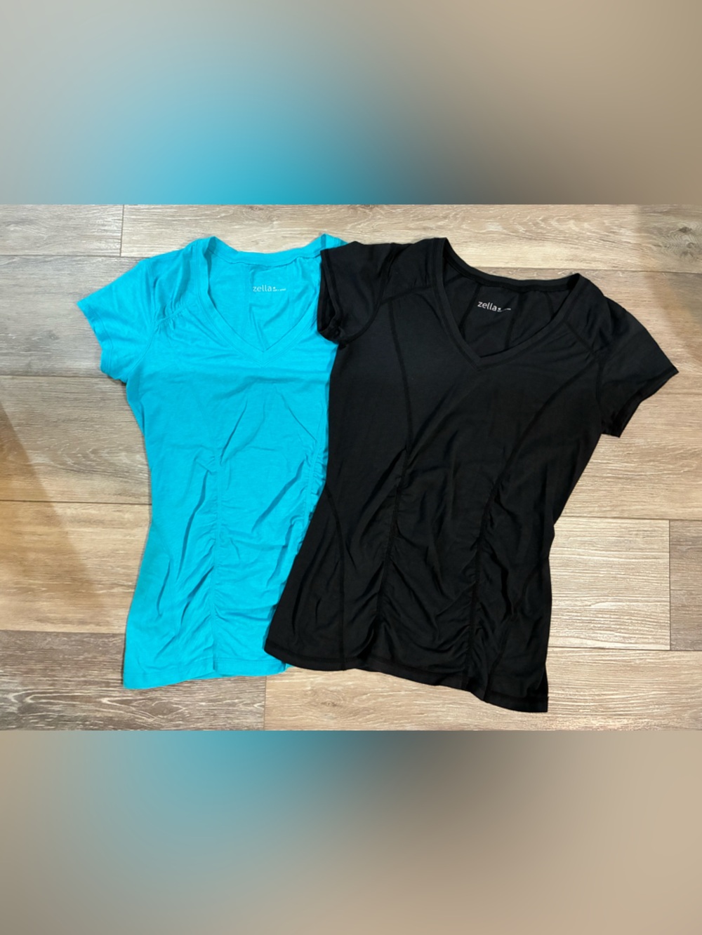 Zella Women's V-Neck Ruched Short Sleeve Top - Black and Teal Bundle Lot Medium